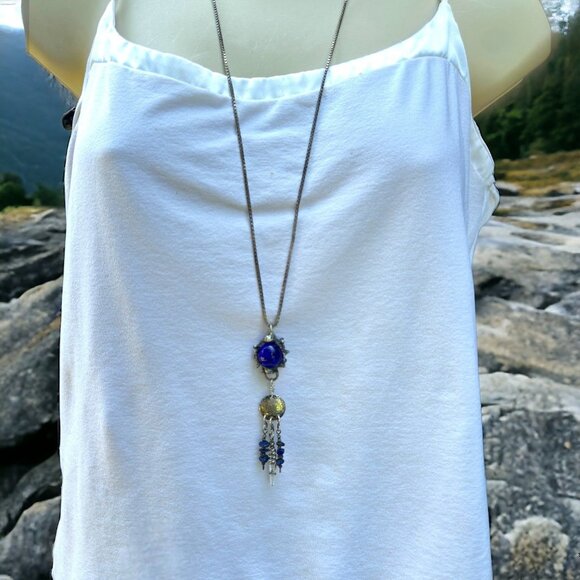 VNTG Marble Artisan Flail Pendant Sterling Silver Clear Quartz & Lapis Lazuli - Picture 3 of 12